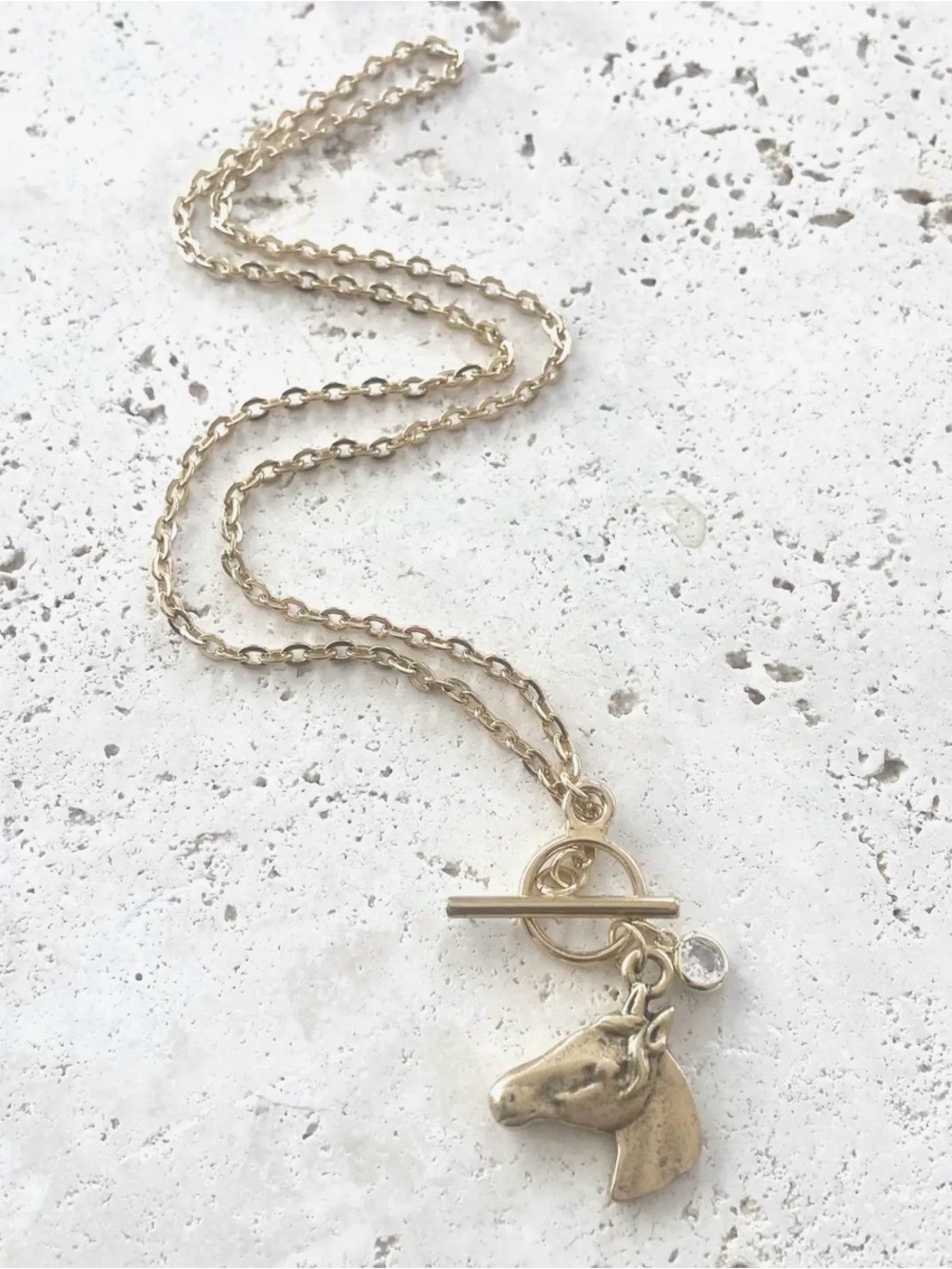 Gold Horse Head Pendant Necklace with Toggle Clasp